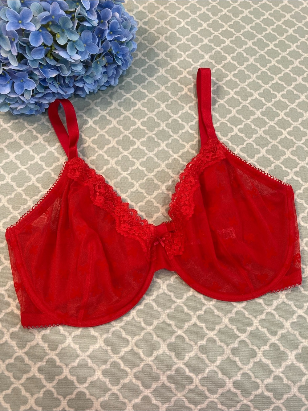 Victoria’s Secret Tease Flocked Velvet Bow Red Unlined Bra 38DDD